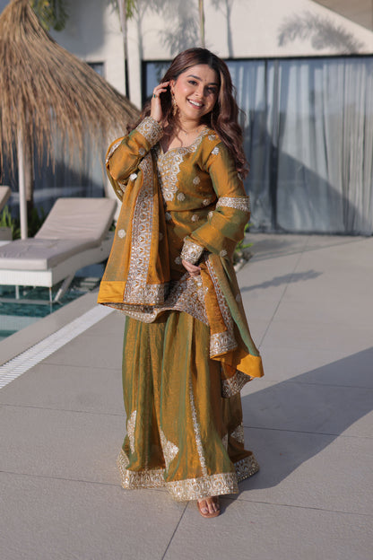 Golden with Olive Green Duel Tone Sharara Suit Set