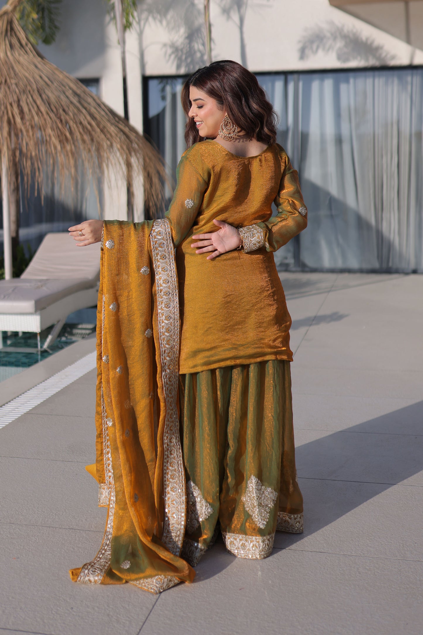 Golden with Olive Green Duel Tone Sharara Suit Set