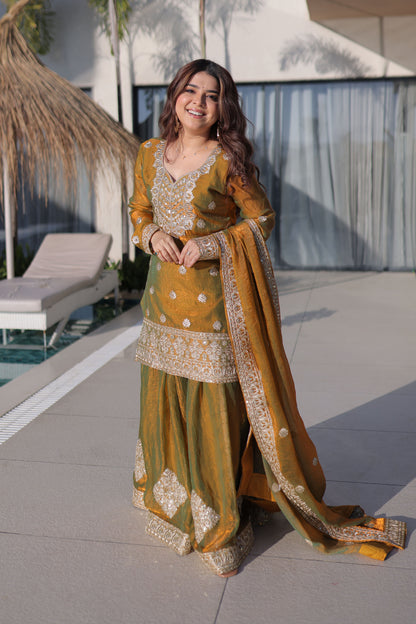 Golden with Olive Green Duel Tone Sharara Suit Set