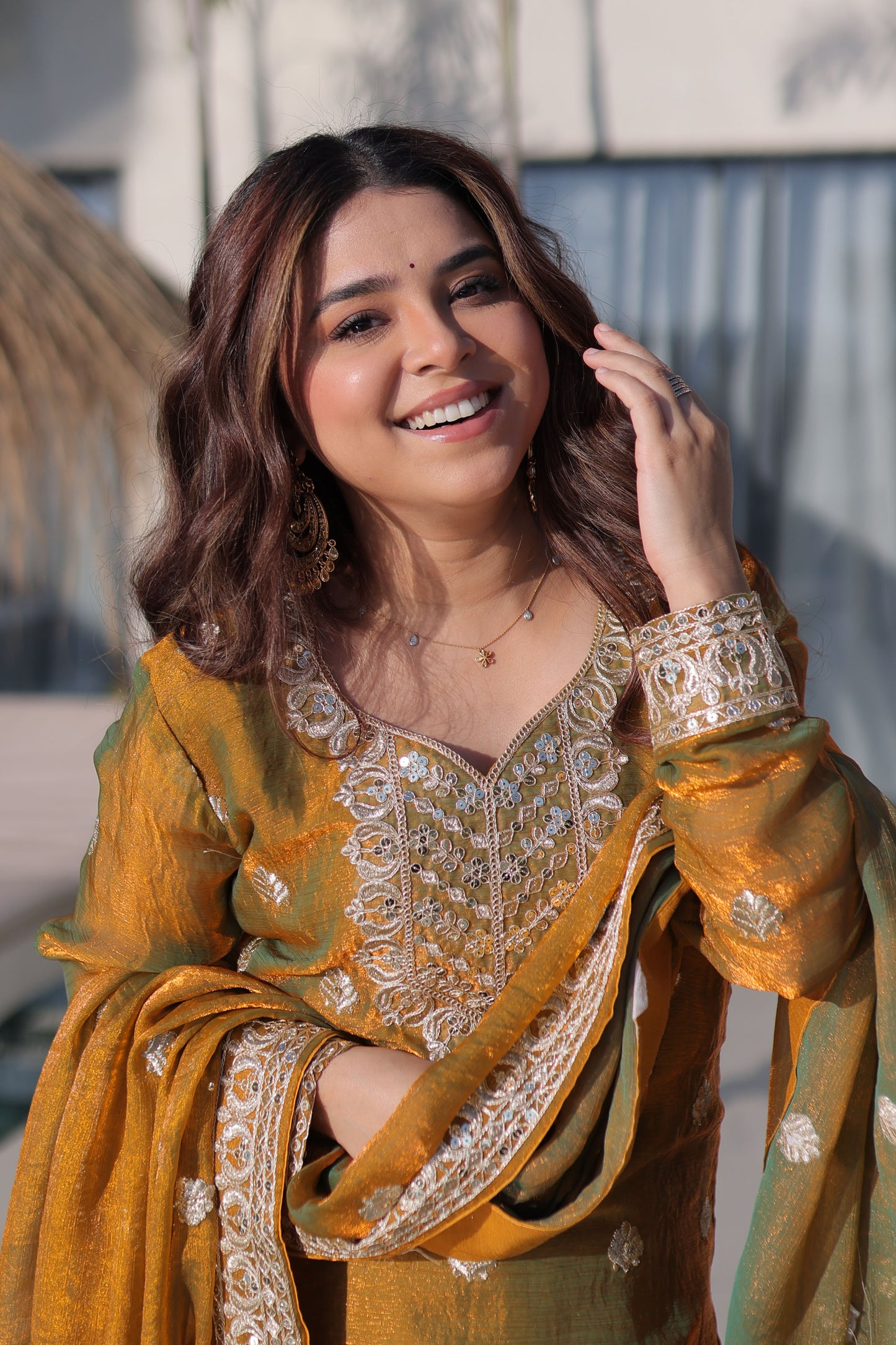 Golden with Olive Green Duel Tone Sharara Suit Set