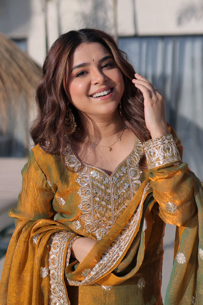 Golden with Olive Green Duel Tone Sharara Suit Set