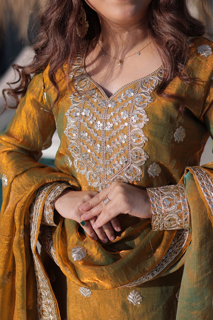 Golden with Olive Green Duel Tone Sharara Suit Set