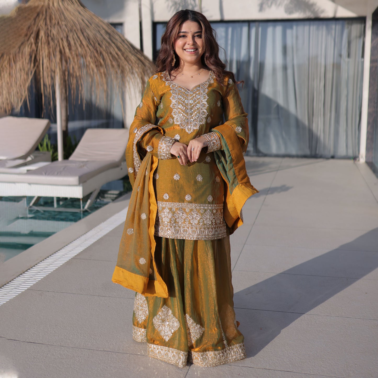 Golden with Olive Green Duel Tone Sharara Suit Set