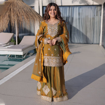 Golden with Olive Green Duel Tone Sharara Suit Set