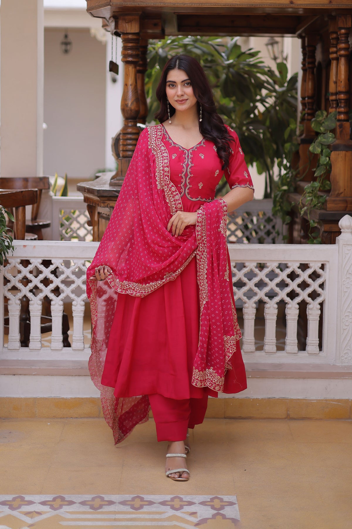 Rajwadi Pink Mal Chanderi Anarkali Suit Set