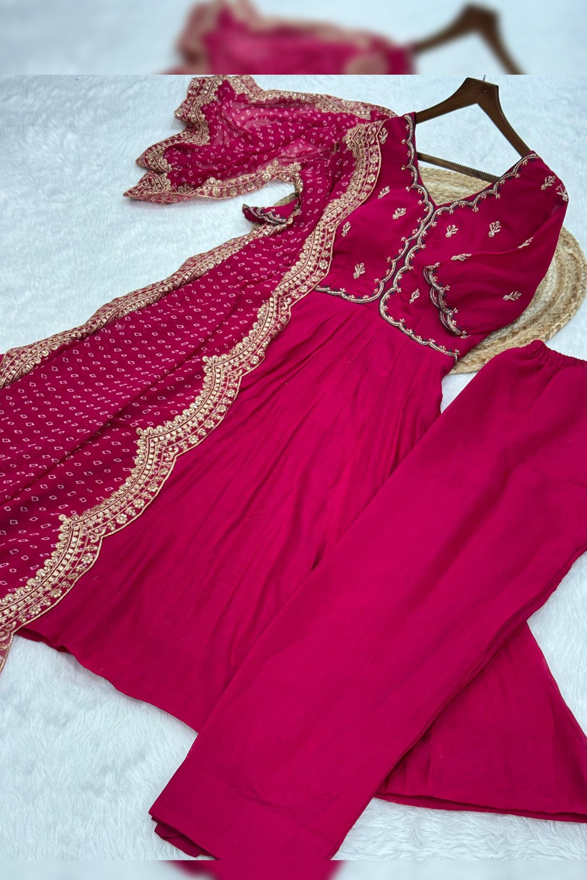 Rajwadi Pink Mal Chanderi Anarkali Suit Set