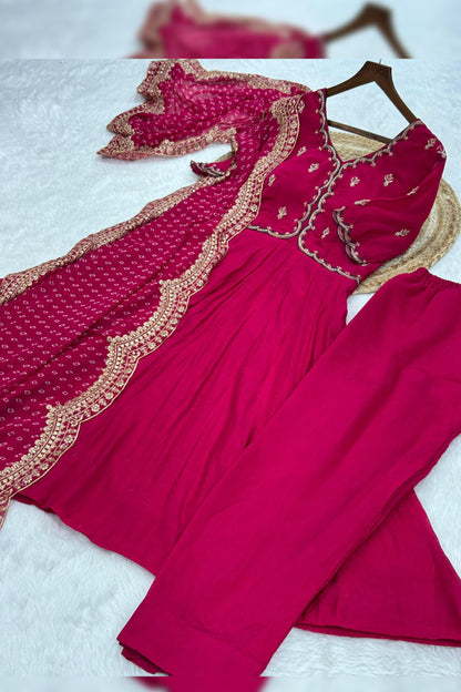 Rajwadi Pink Mal Chanderi Anarkali Suit Set