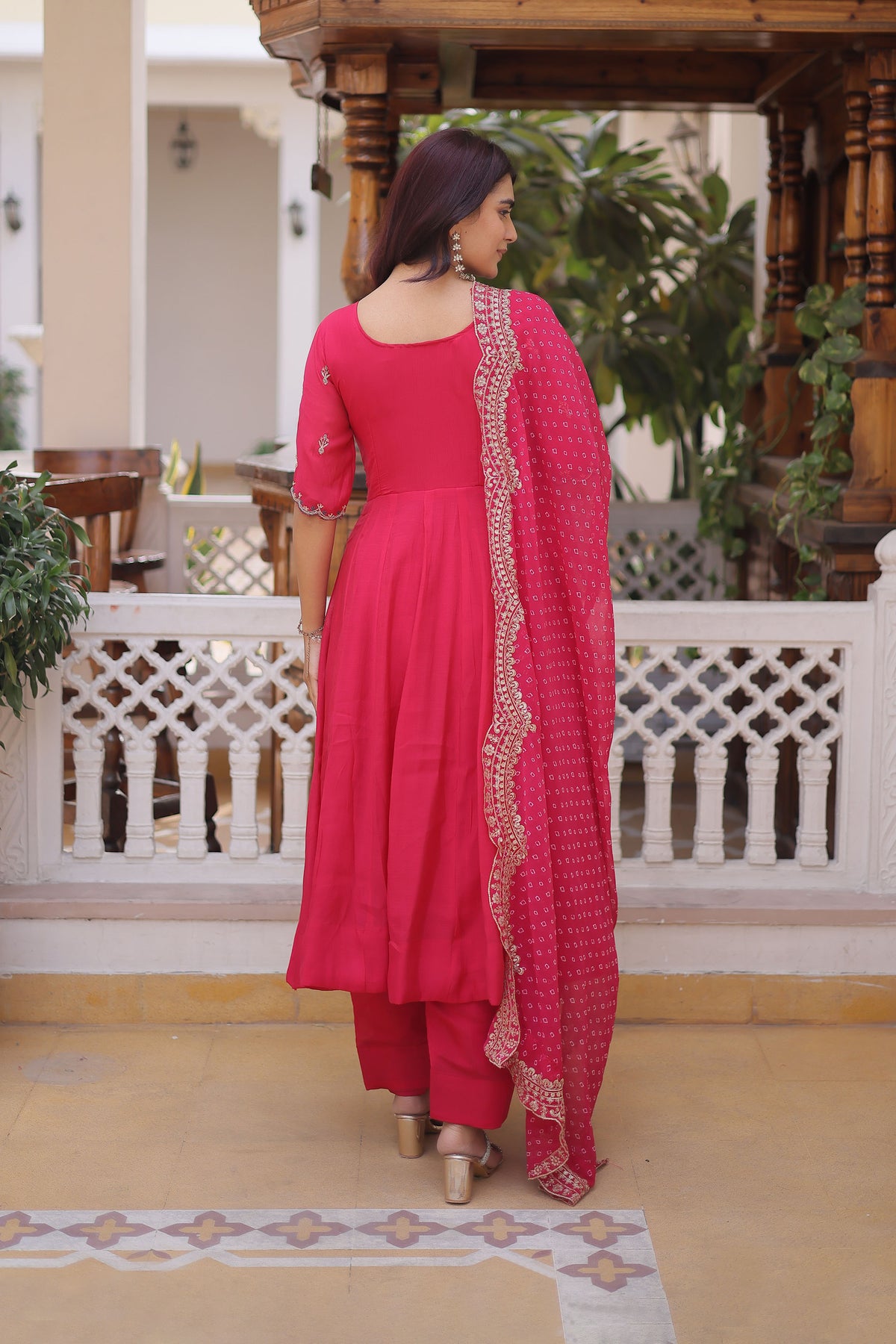Rajwadi Pink Mal Chanderi Anarkali Suit Set