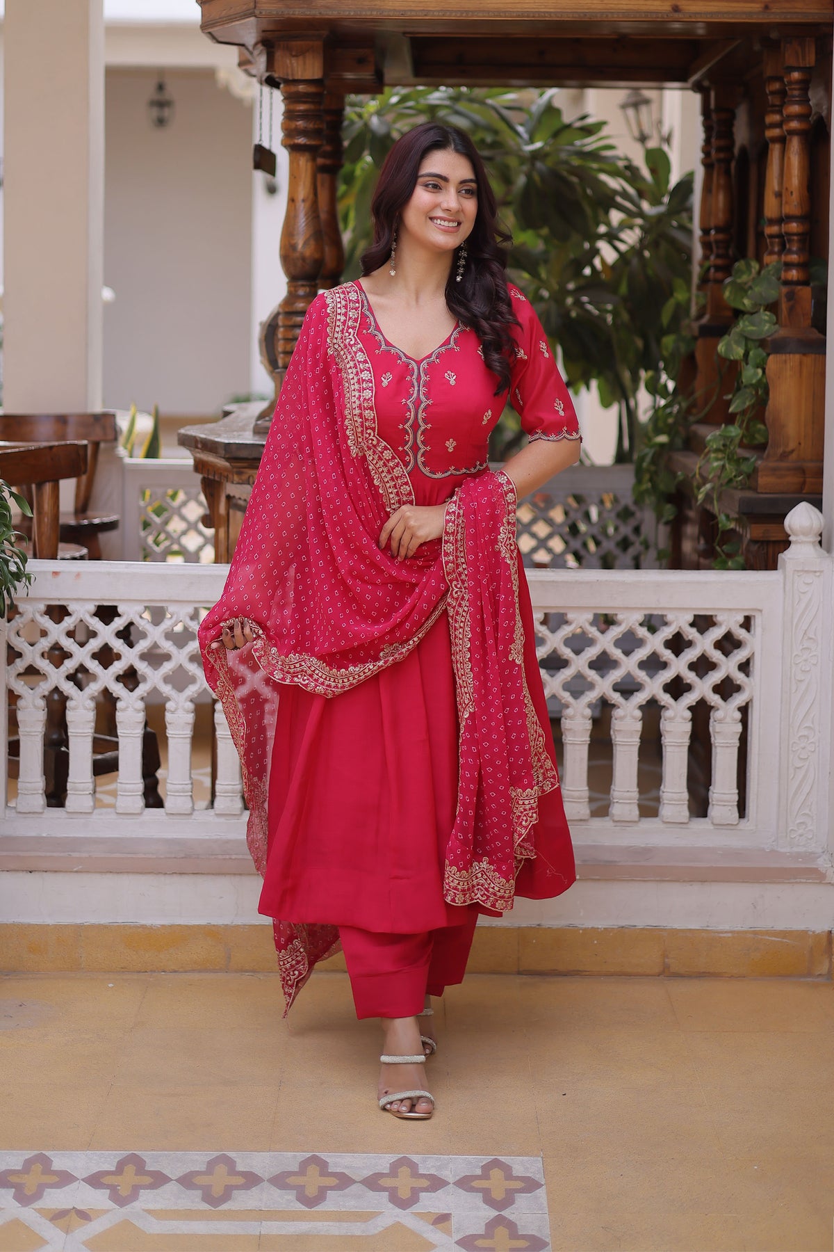 Rajwadi Pink Mal Chanderi Anarkali Suit Set