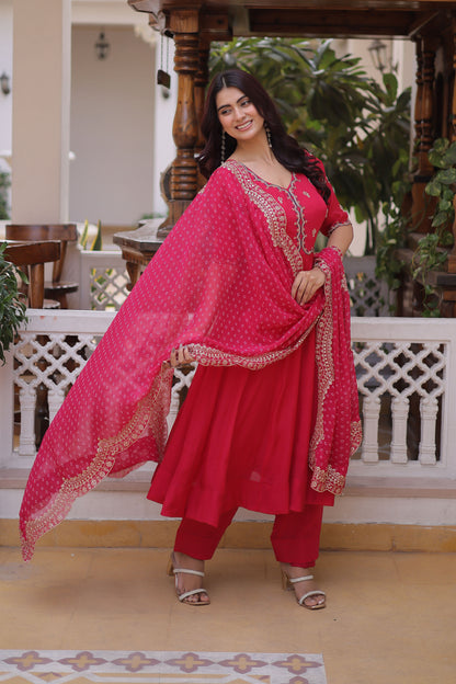 Rajwadi Pink Mal Chanderi Anarkali Suit Set