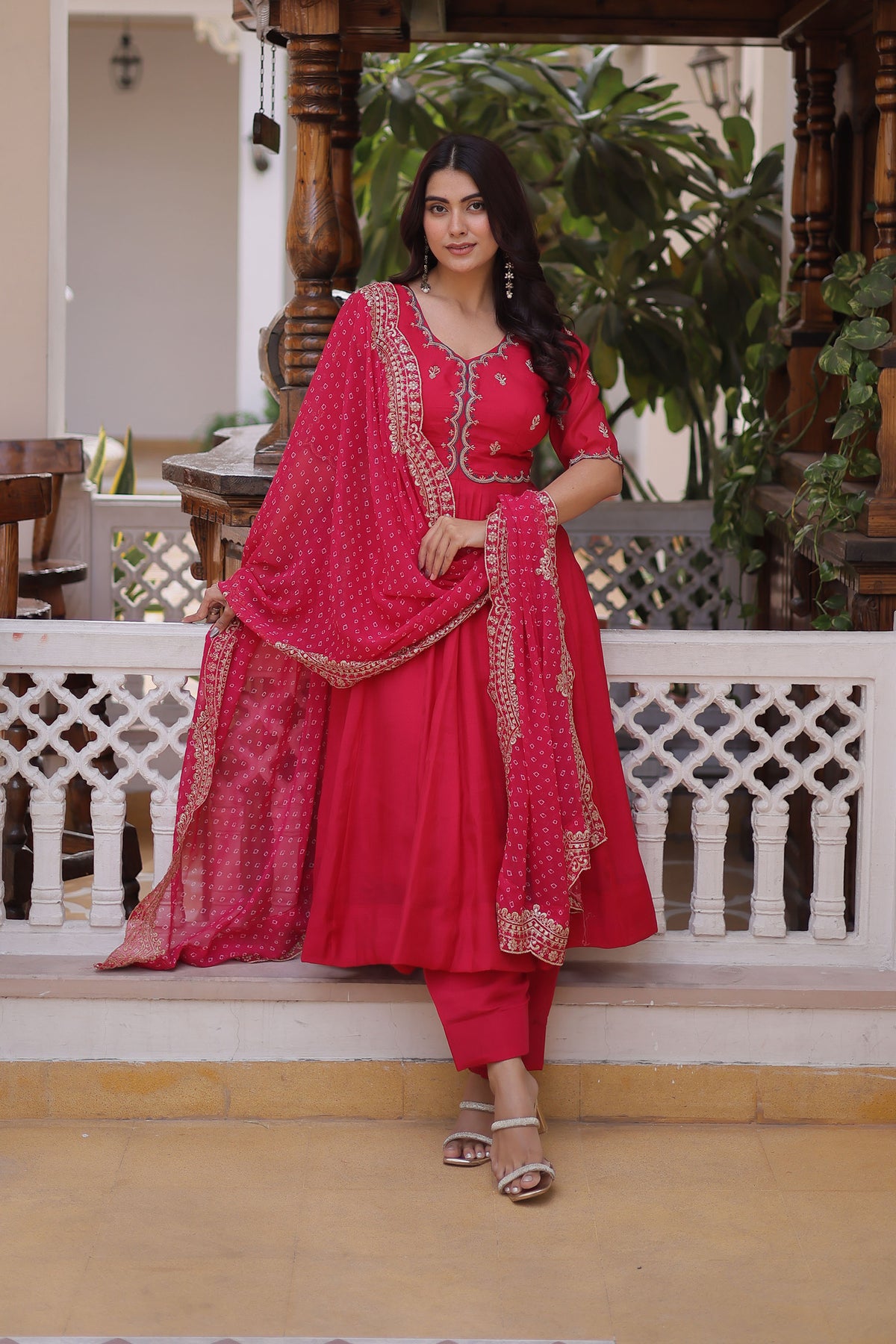 Rajwadi Pink Mal Chanderi Anarkali Suit Set