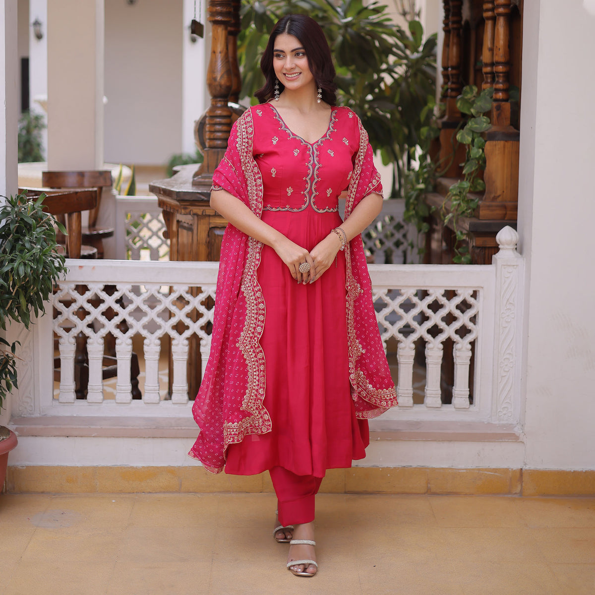 Rajwadi Pink Mal Chanderi Anarkali Suit Set