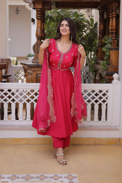 Rajwadi Pink Mal Chanderi Anarkali Suit Set