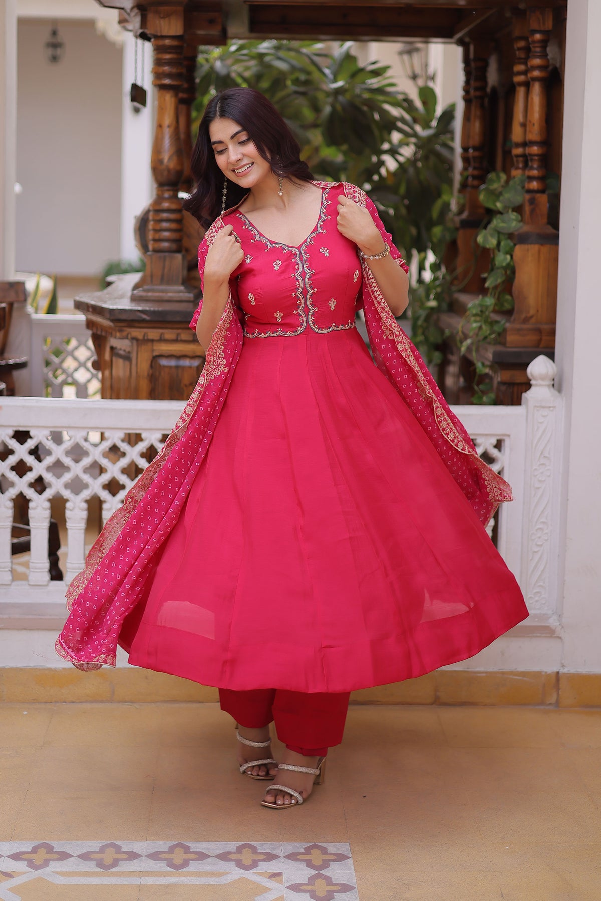 Rajwadi Pink Mal Chanderi Anarkali Suit Set
