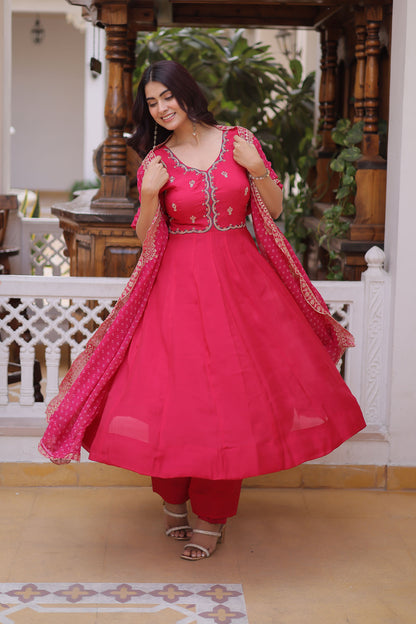 Rajwadi Pink Mal Chanderi Anarkali Suit Set
