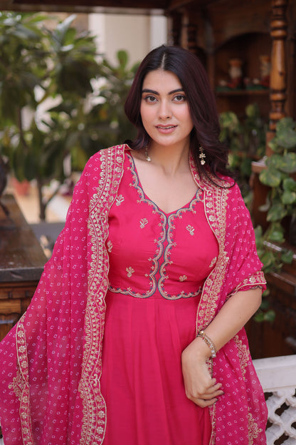 Rajwadi Pink Mal Chanderi Anarkali Suit Set