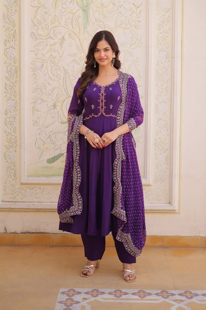 Rajwadi Purple Mal Chanderi Anarkali Suit Set