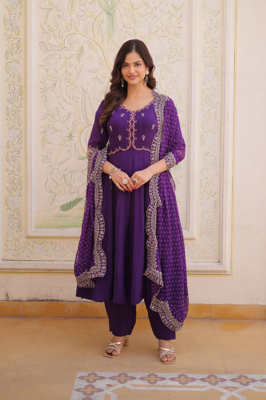 Rajwadi Purple Mal Chanderi Anarkali Suit Set