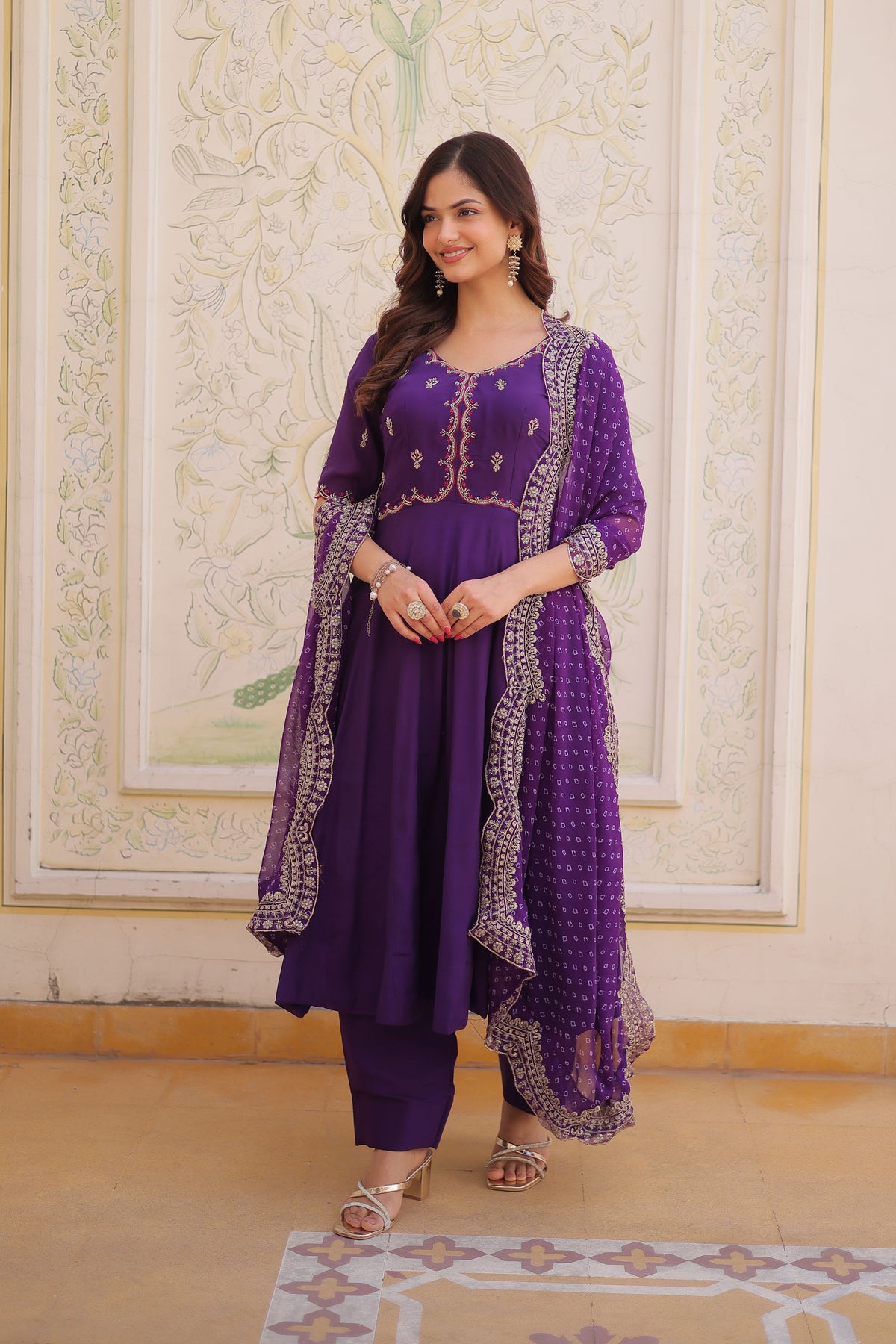 Rajwadi Purple Mal Chanderi Anarkali Suit Set