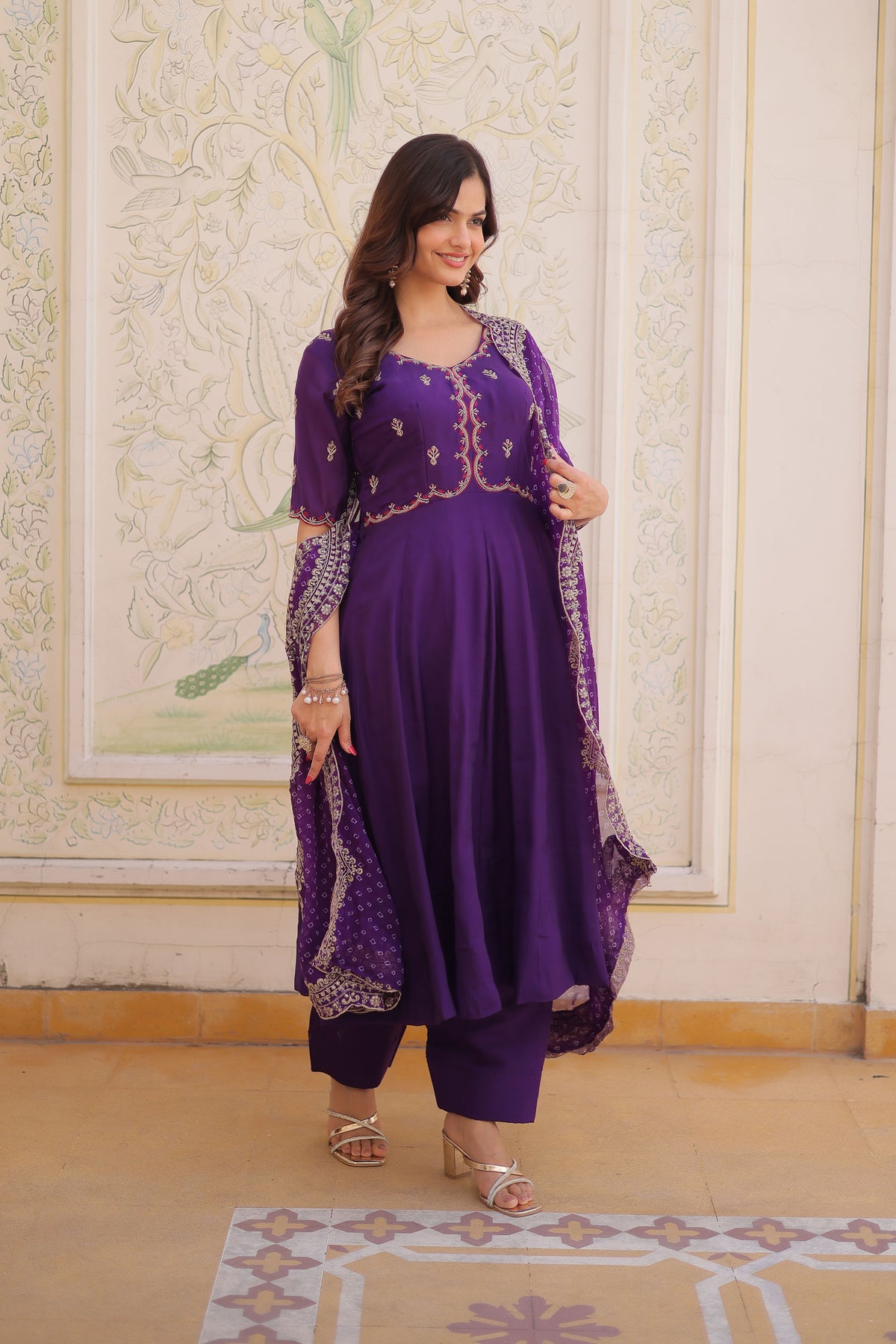 Rajwadi Purple Mal Chanderi Anarkali Suit Set