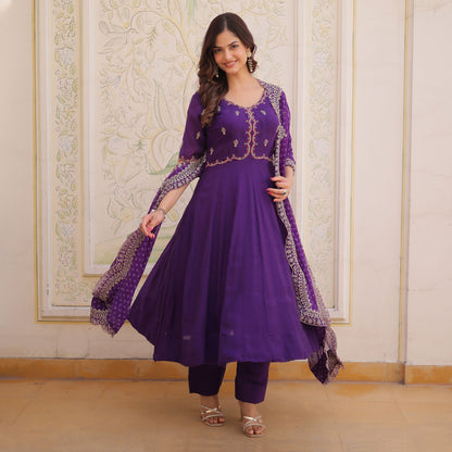 Rajwadi Purple Mal Chanderi Anarkali Suit Set
