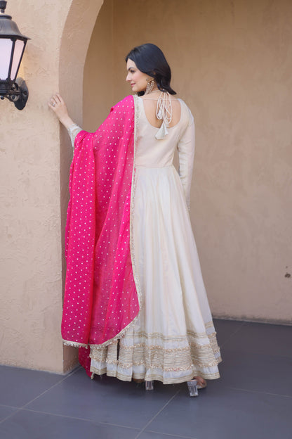 Anaya Ivory Pink Mirror Embroidered Gown with Duppata