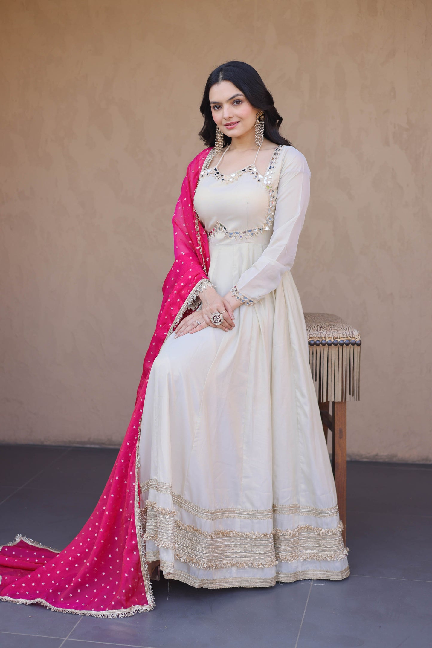 Anaya Ivory Pink Mirror Embroidered Gown with Duppata