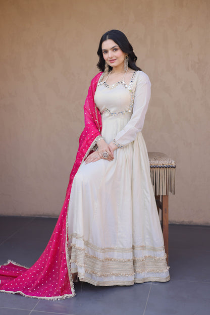 Anaya Ivory Pink Mirror Embroidered Gown with Duppata