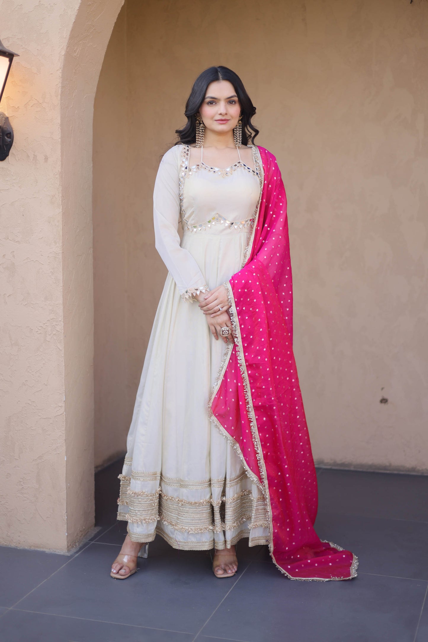 Anaya Ivory Pink Mirror Embroidered Gown with Duppata