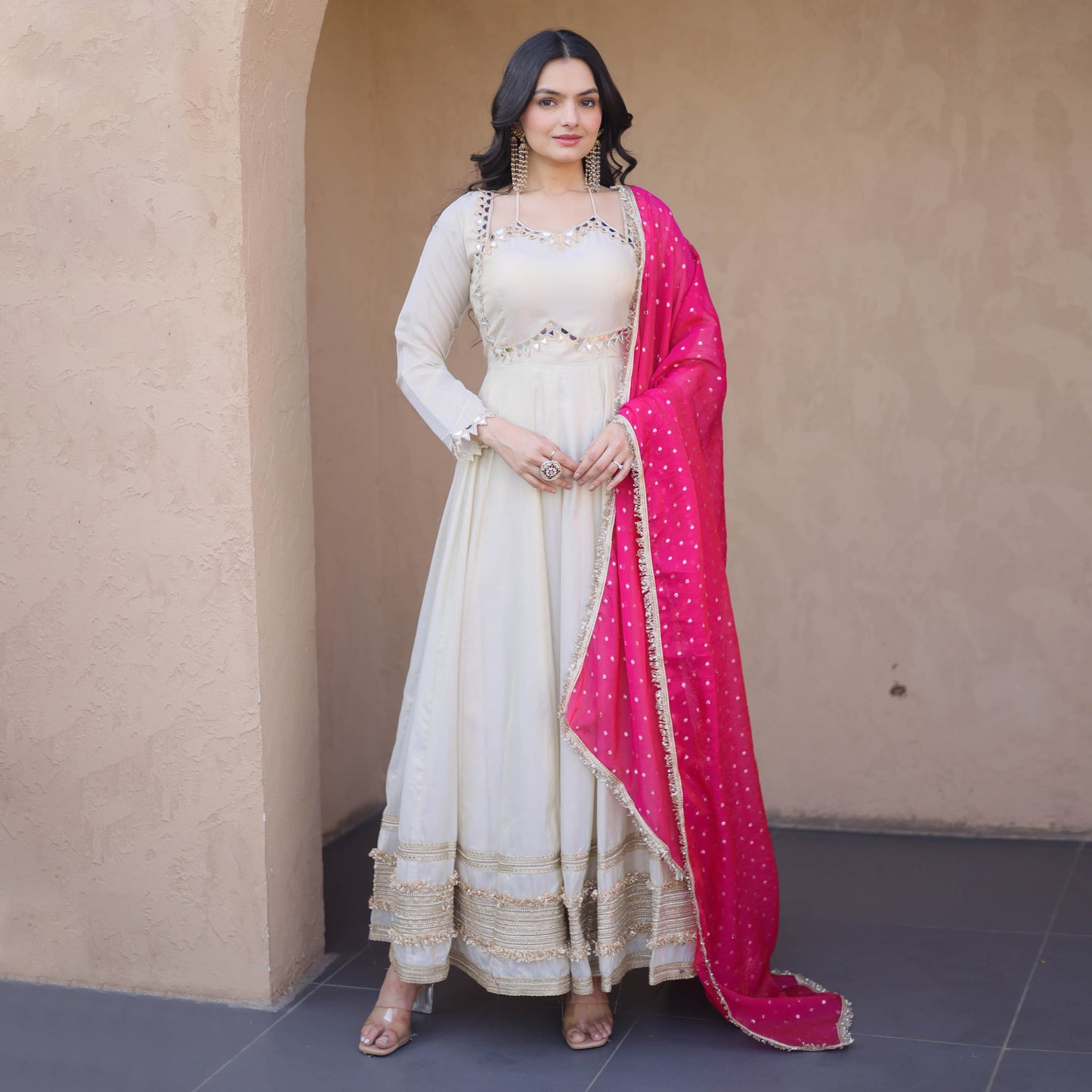 Anaya Ivory Pink Mirror Embroidered Gown with Duppata