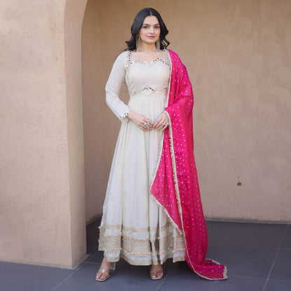 Anaya Ivory Pink Mirror Embroidered Gown with Duppata