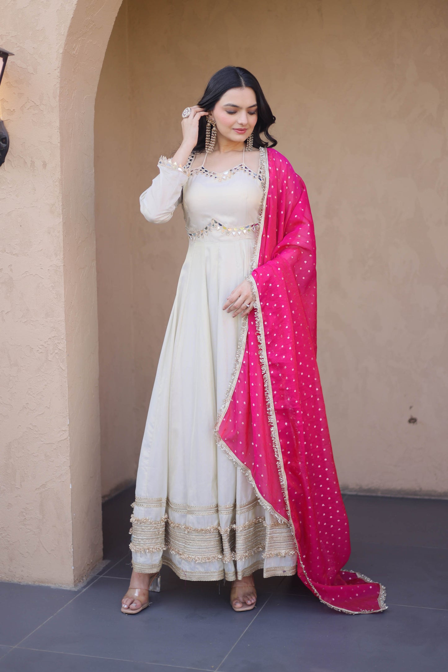 Anaya Ivory Pink Mirror Embroidered Gown with Duppata