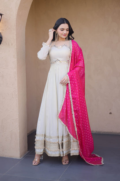 Anaya Ivory Pink Mirror Embroidered Gown with Duppata