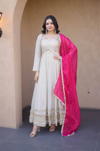 Anaya Ivory Pink Mirror Embroidered Gown with Duppata