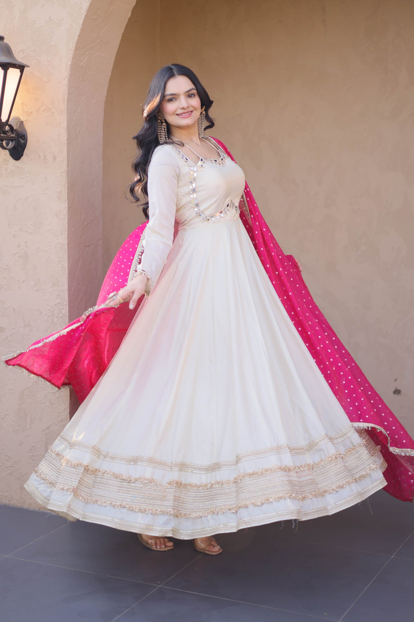 Anaya Ivory Pink Mirror Embroidered Gown with Duppata