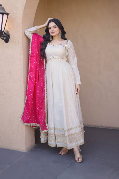 Anaya Ivory Pink Mirror Embroidered Gown with Duppata