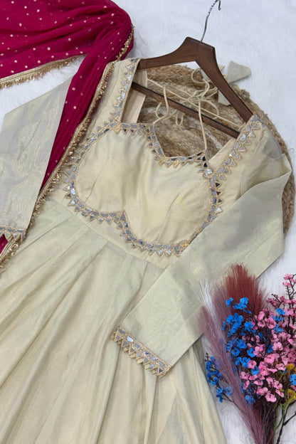 Anaya Ivory Pink Mirror Embroidered Gown with Duppata