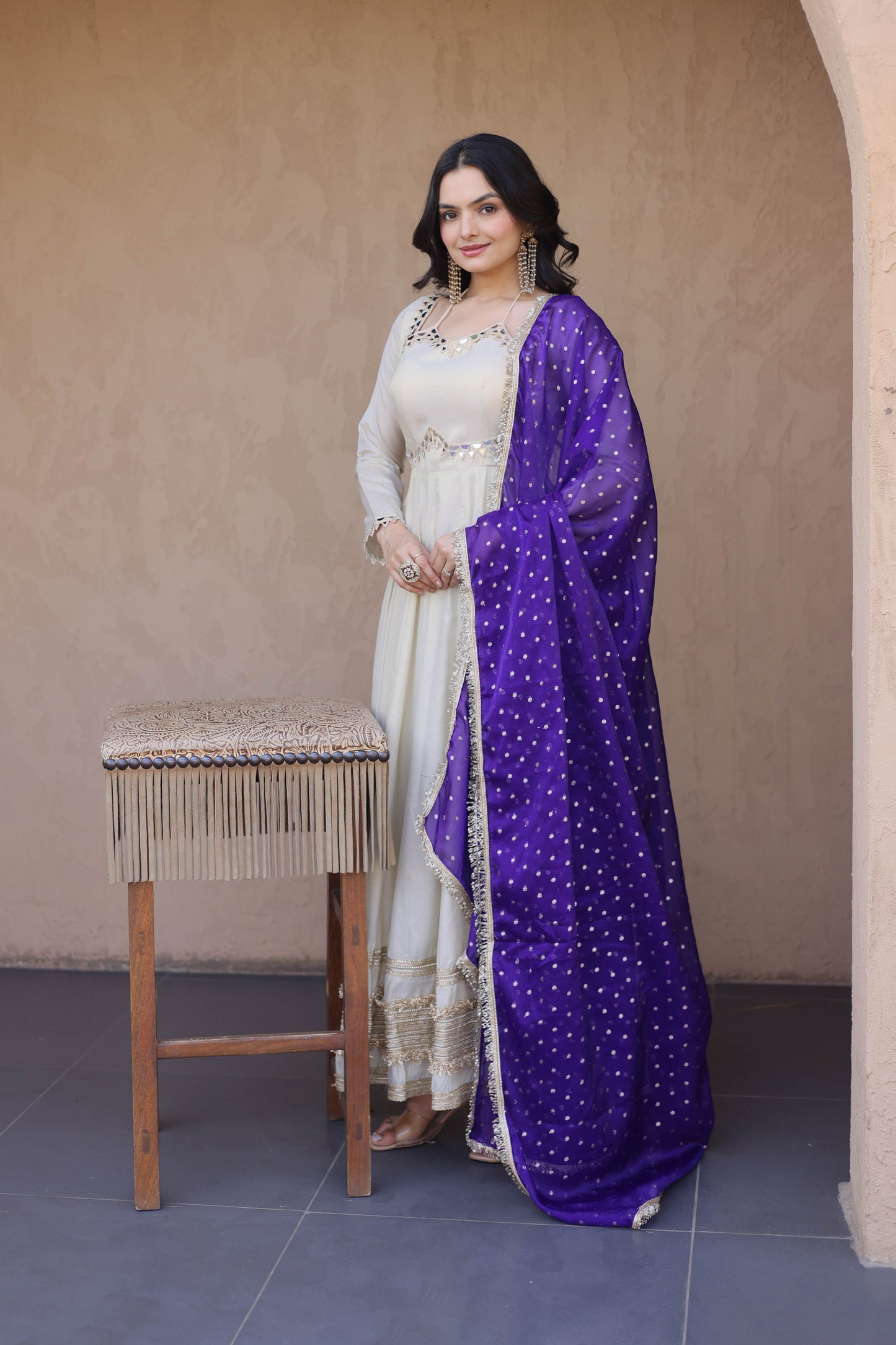 Anaya Ivory Purple Mirror Embroidered Gown With Duppata