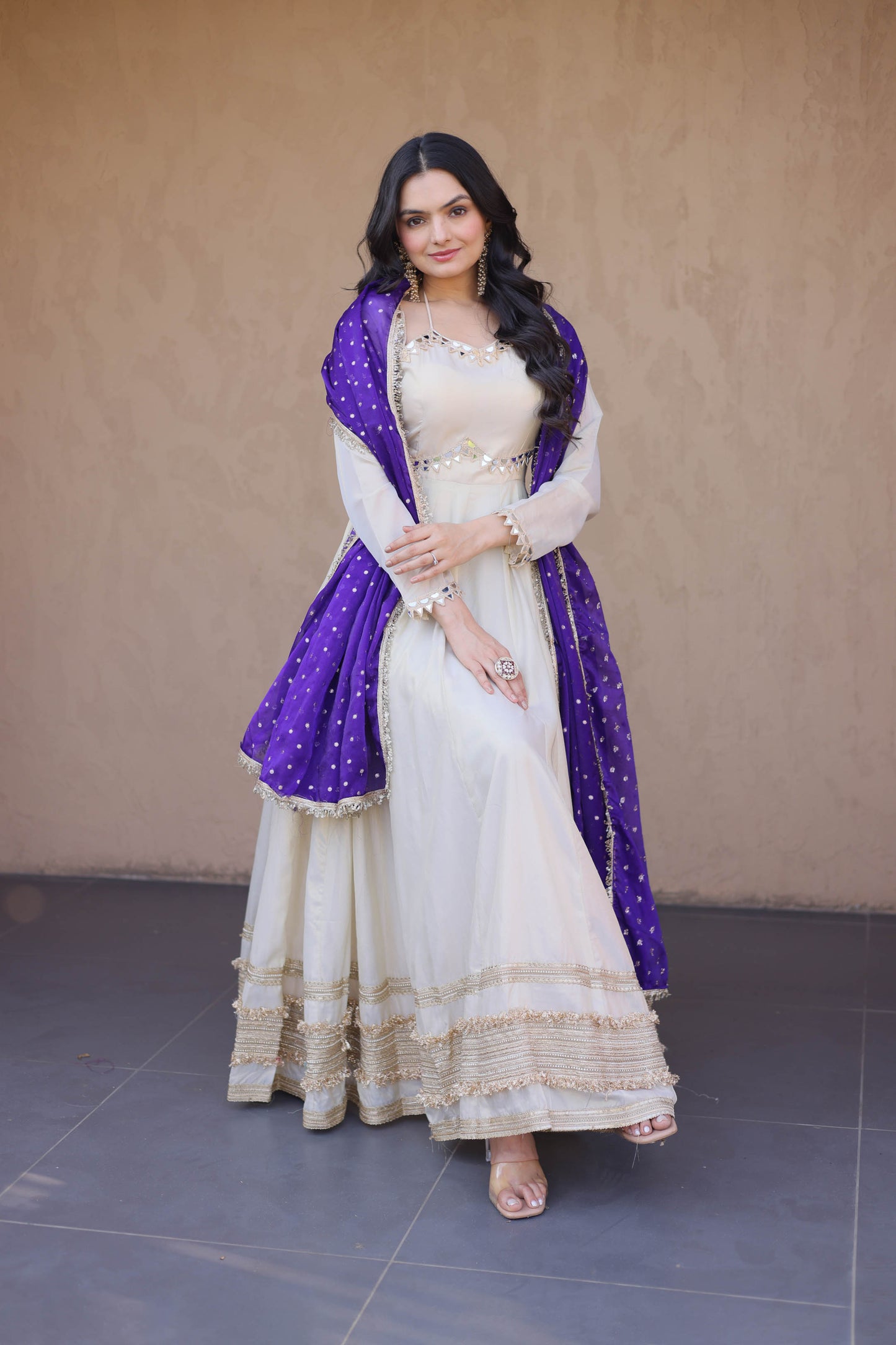 Anaya Ivory Purple Mirror Embroidered Gown With Duppata