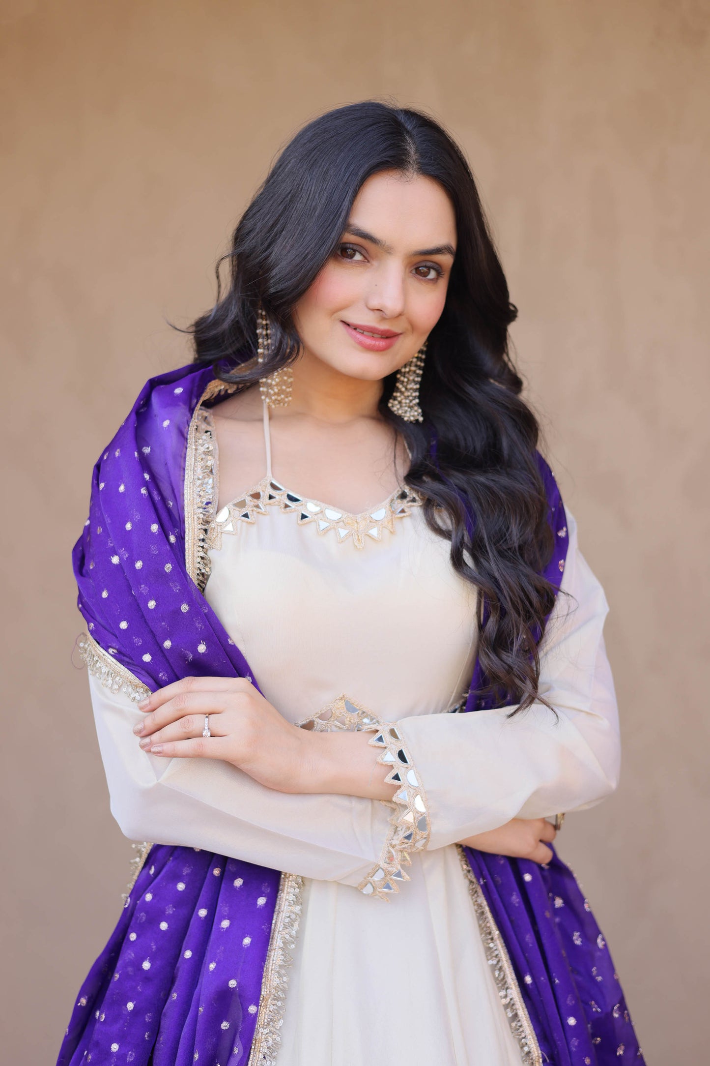 Anaya Ivory Purple Mirror Embroidered Gown With Duppata