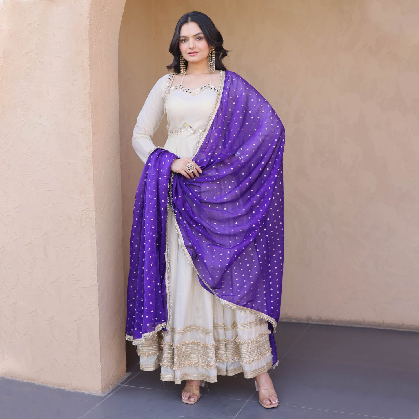 Anaya Ivory Purple Mirror Embroidered Gown With Duppata