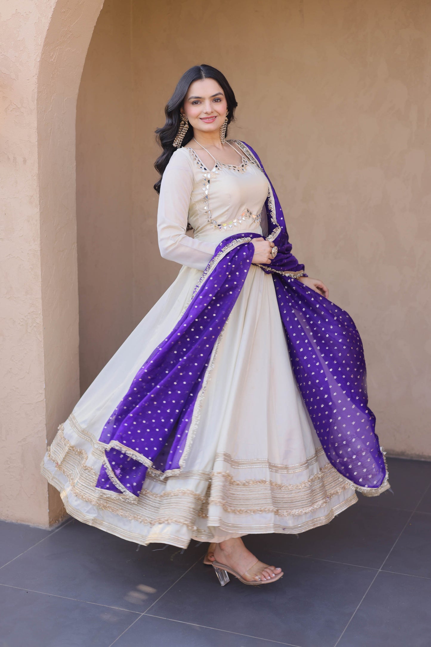 Anaya Ivory Purple Mirror Embroidered Gown With Duppata