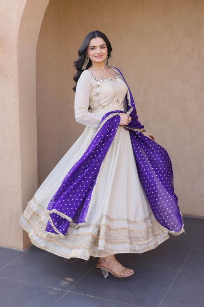 Anaya Ivory Purple Mirror Embroidered Gown With Duppata