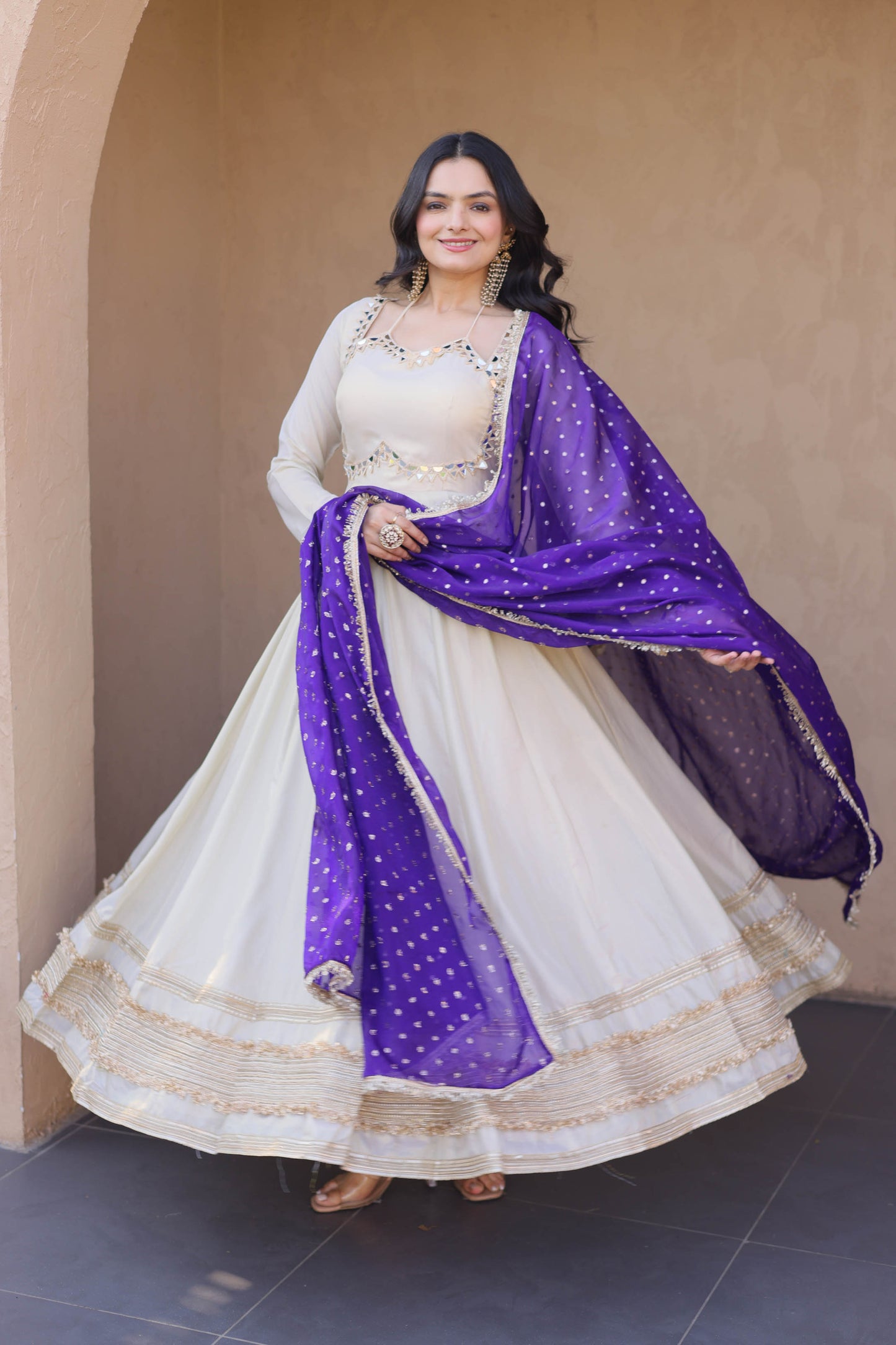 Anaya Ivory Purple Mirror Embroidered Gown With Duppata