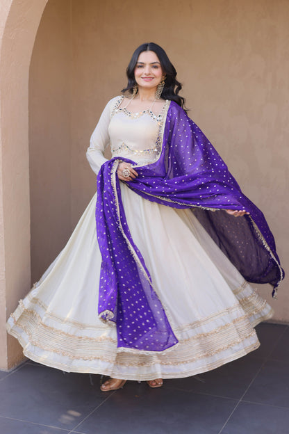 Anaya Ivory Purple Mirror Embroidered Gown With Duppata