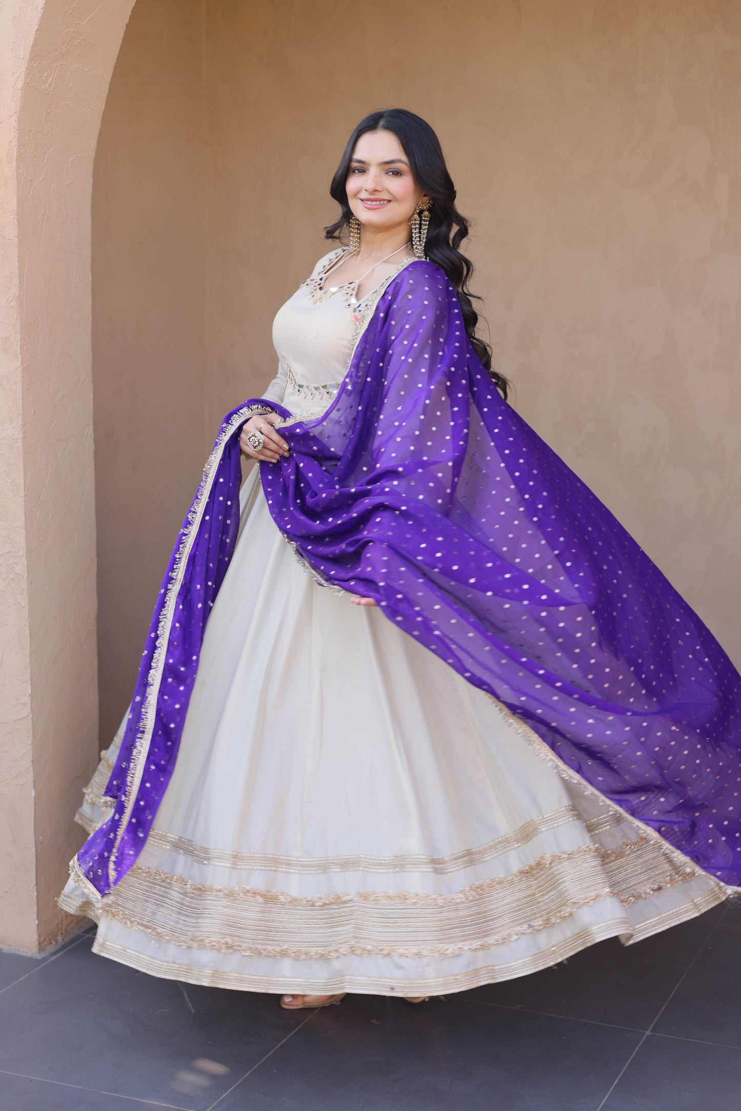 Anaya Ivory Purple Mirror Embroidered Gown With Duppata