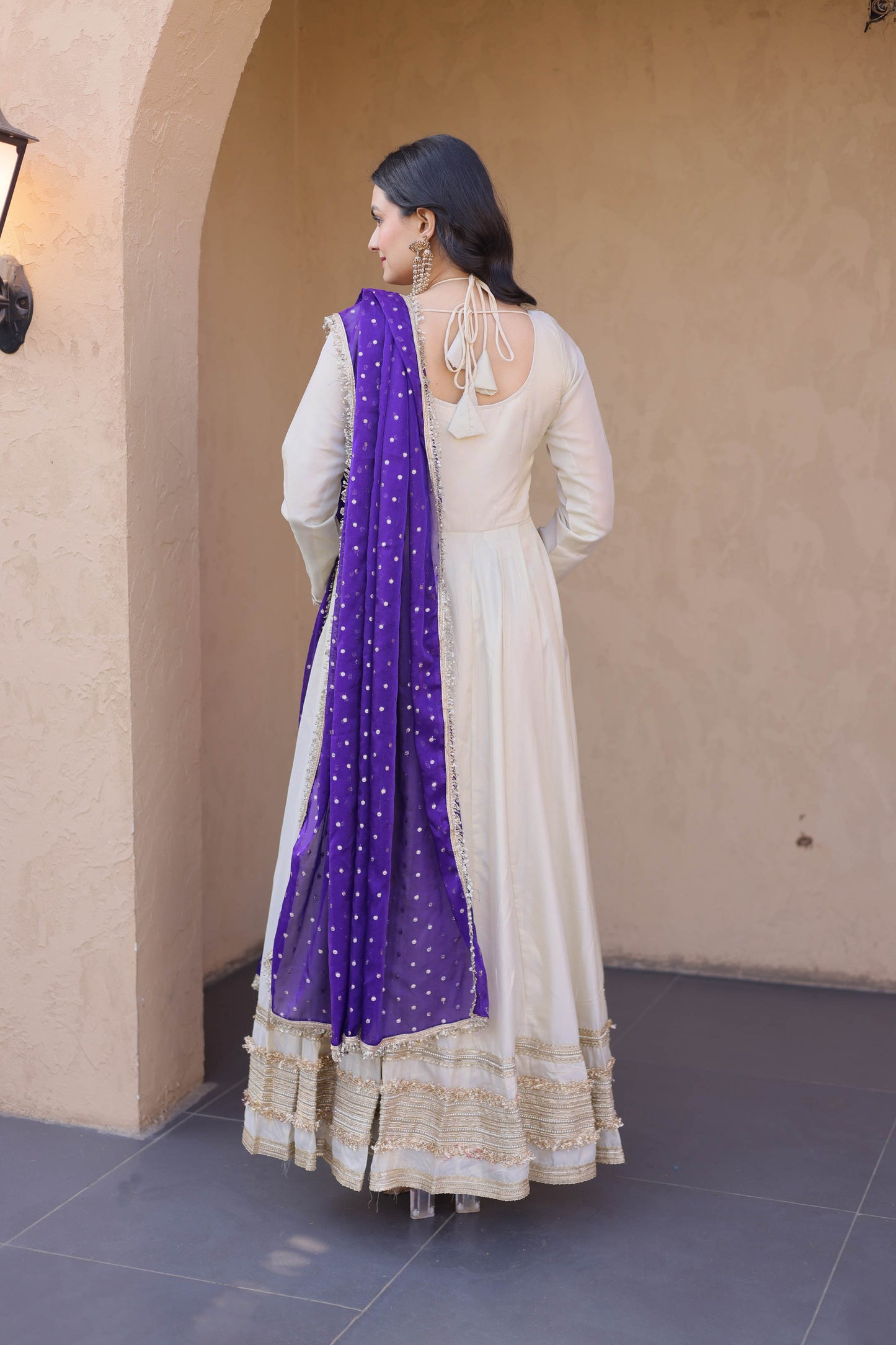 Anaya Ivory Purple Mirror Embroidered Gown With Duppata