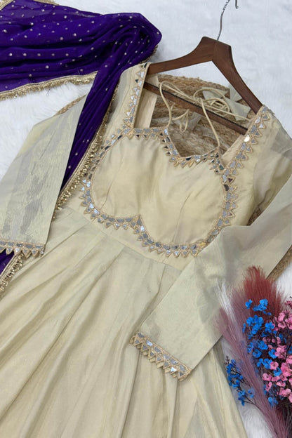 Anaya Ivory Purple Mirror Embroidered Gown With Duppata