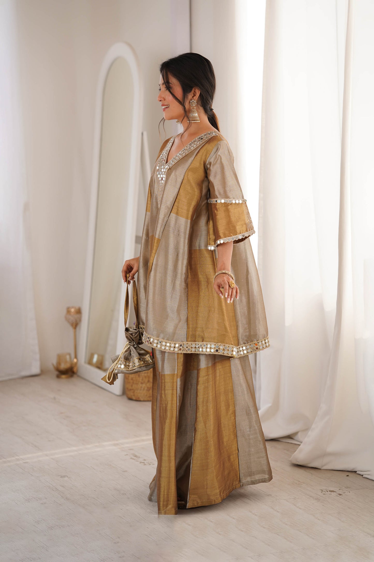 Tavishi Golden Two-Tone Tissue Mirror Work Sharara Suit Set