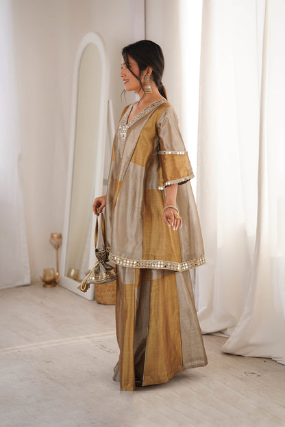 Tavishi Golden Two-Tone Tissue Mirror Work Sharara Suit Set